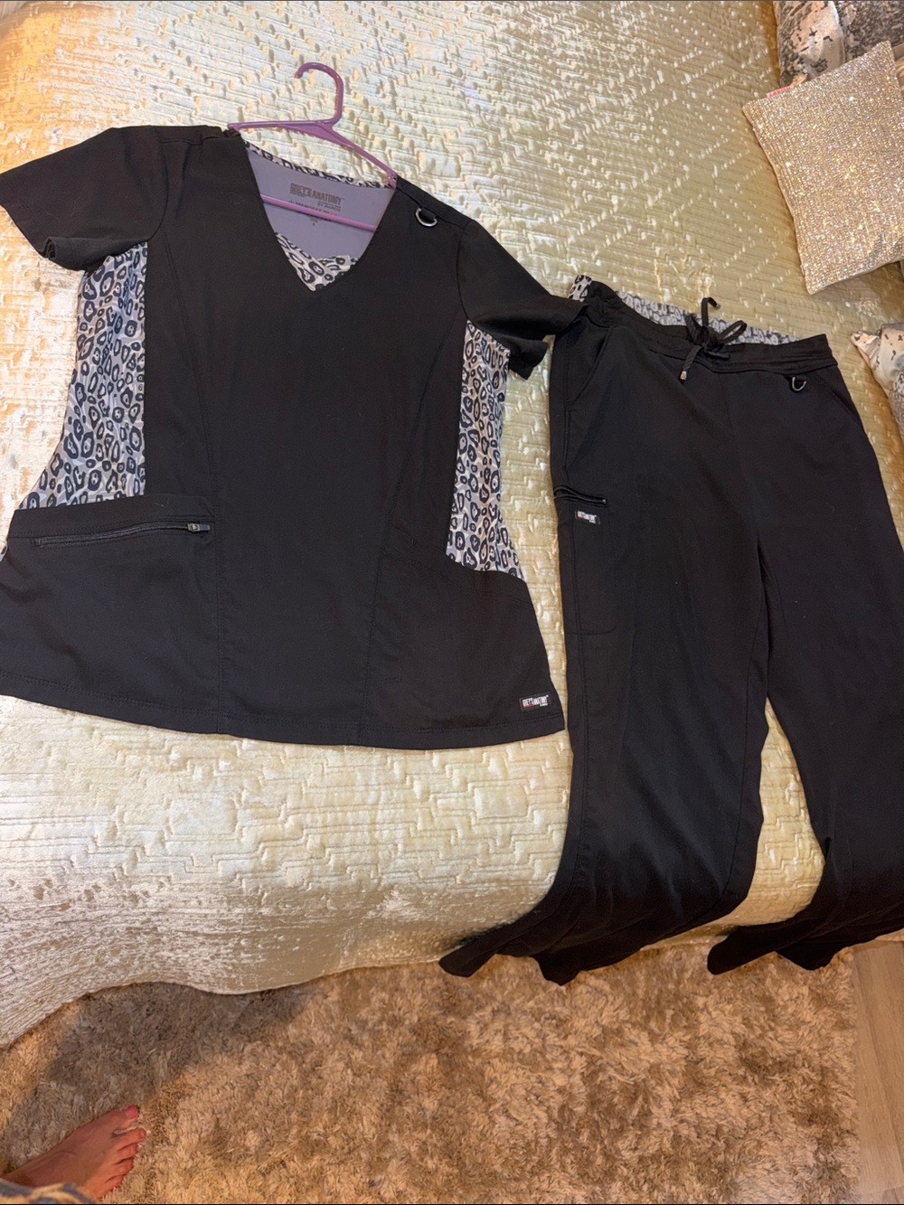 Grey's Anatomy Black Scrub Set with Leopard-Print Side Panels
